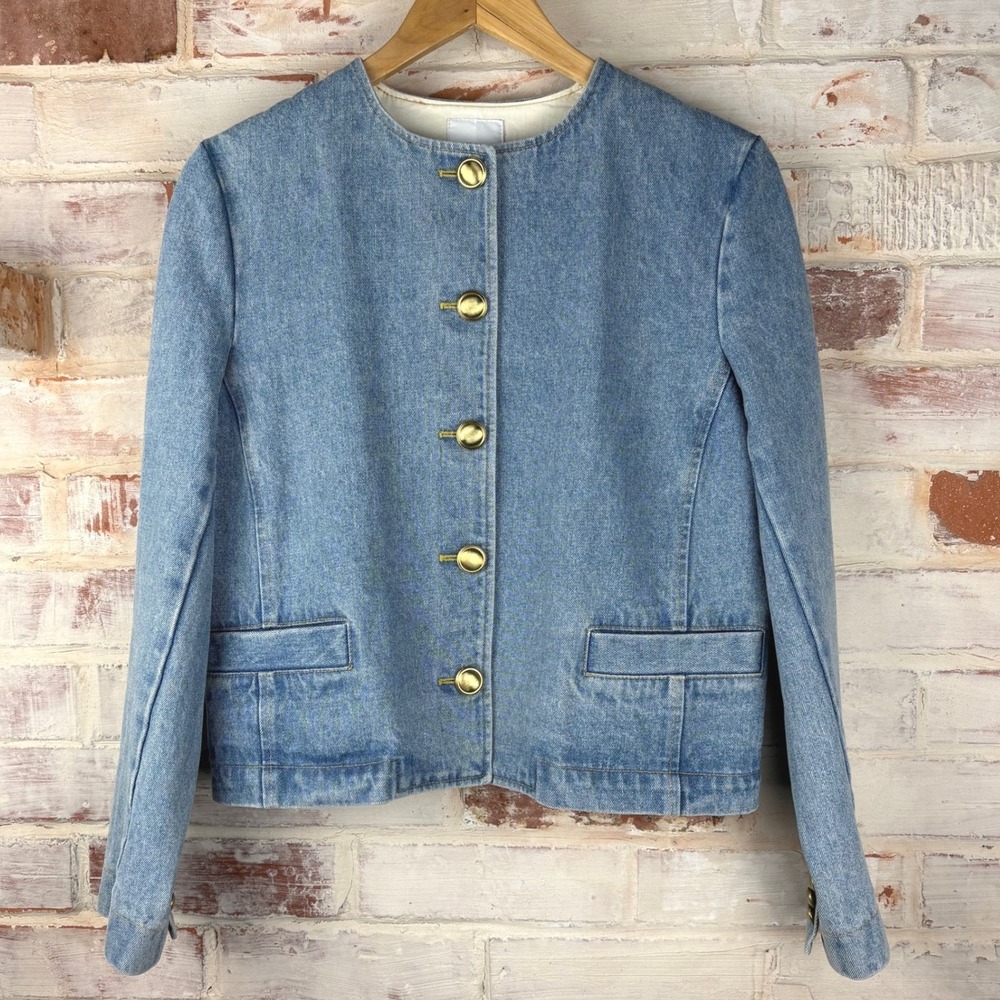 Rosetta Getty Light Wash Denim Collarless Jacket Cotton Lined Gold Buttons Sz‎ 4